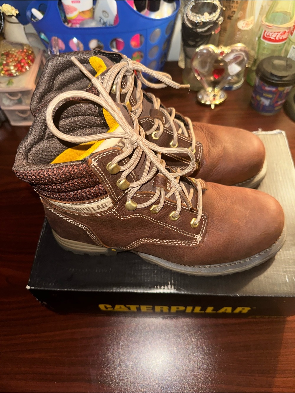 Caterpillar Women’s Brown Lace-Up Steel Toe Work Boots with Yellow Accent